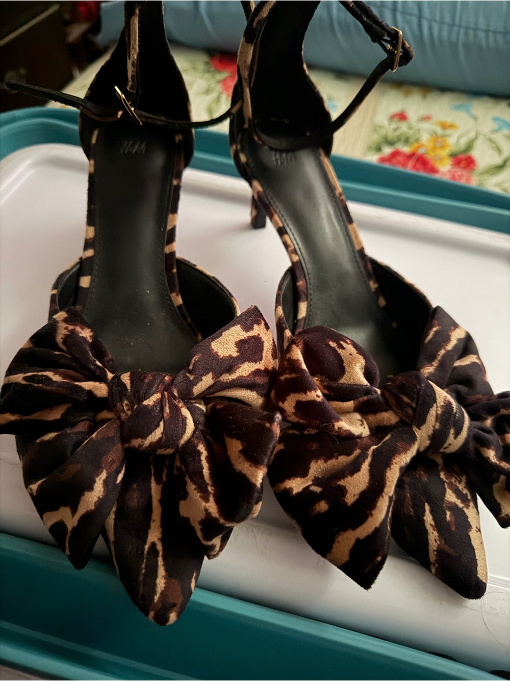 Zara Black and Tan Leopard Print Bow Ankle-Strap Heels